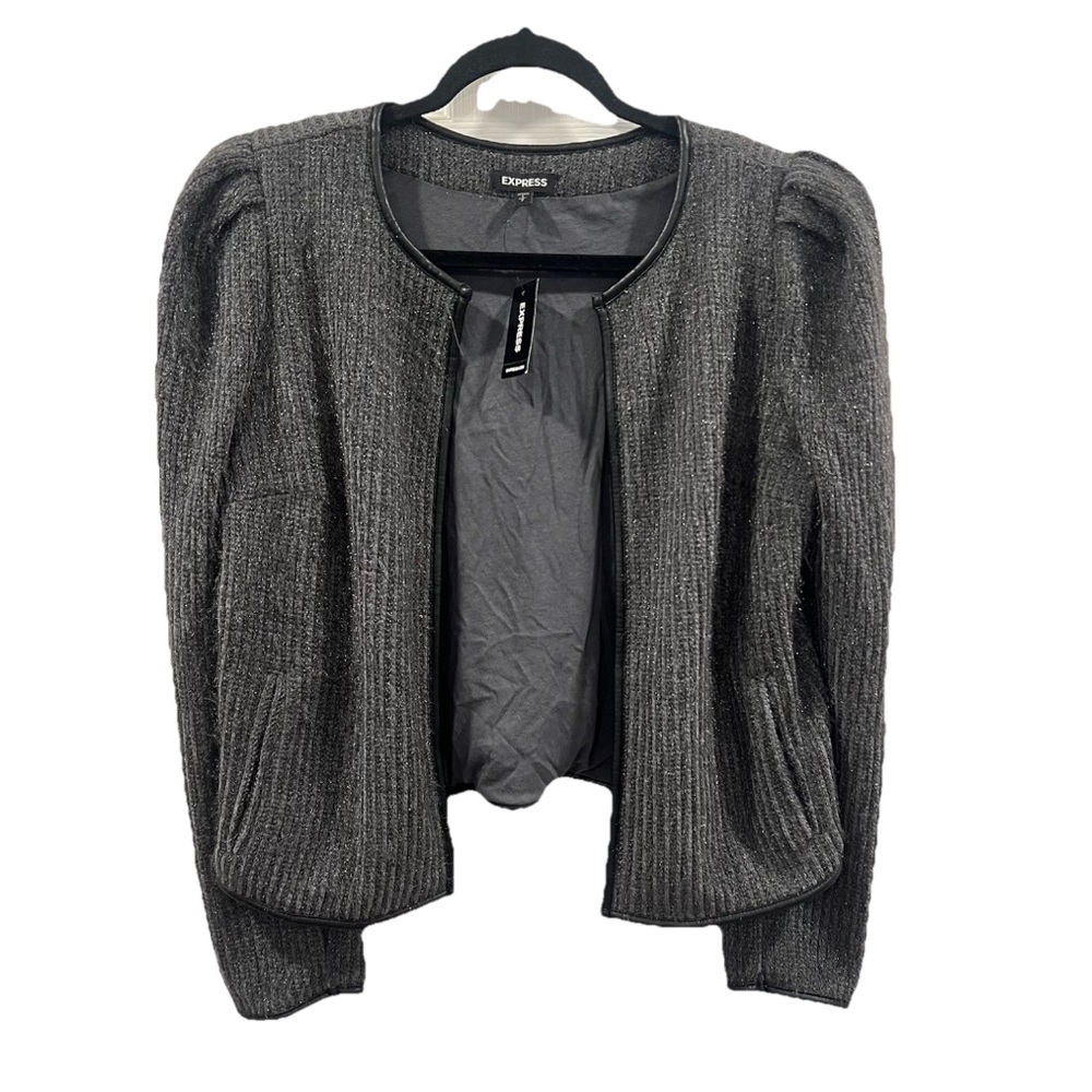 Express Women’s Puff Sleeve Collarless Knit Jacket Fuzzy Grey Knit Small NWT